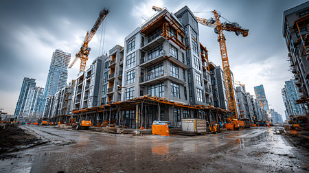 Active construction site background showing buildings in progress. Great for real estate,...