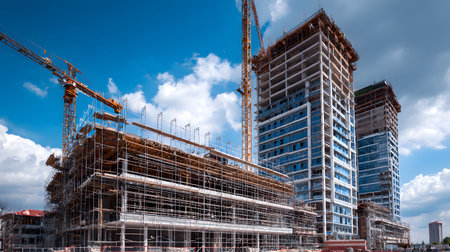 Active construction site background showing buildings in progress. Great for real estate,...