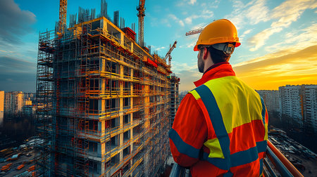 Active construction site background showing buildings in progress. Great for real estate, architectural development, and builder content.の写真素材