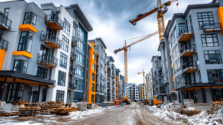 Active construction site background showing buildings in progress. Great for real estate,...