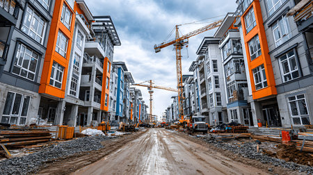 Active construction site background showing buildings in progress. Great for real estate, architectural development, and builder content.の写真素材