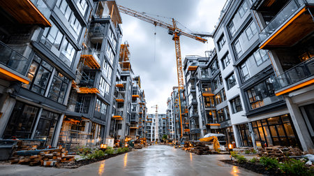 Active construction site background showing buildings in progress. Great for real estate, architectural development, and builder content.の写真素材