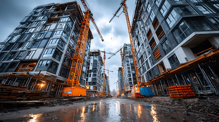 Active construction site background showing buildings in progress. Great for real estate, architectural development, and builder content.の写真素材