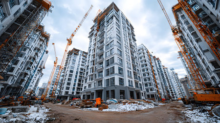 Active construction site background showing buildings in progress. Great for real estate,...