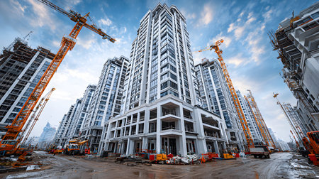 Active construction site background showing buildings in progress. Great for real estate,...