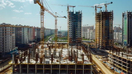 Active construction site background showing buildings in progress. Great for real estate, architectural development, and builder content.の写真素材