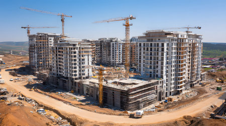 Active construction site background showing buildings in progress. Great for real estate,...
