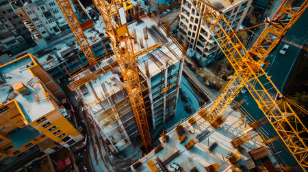 Active construction site background showing buildings in progress. Great for real estate, architectural development, and builder content.の写真素材