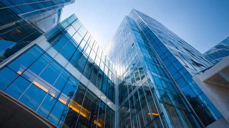 Modern glass facade of a corporate building. Ideal for professional architecture themes, business...