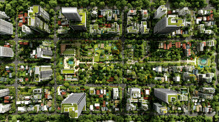 Top down city plan layout with zones and color coded areas. Perfect for architectural planning, urban development, and real estate visuals.の写真素材