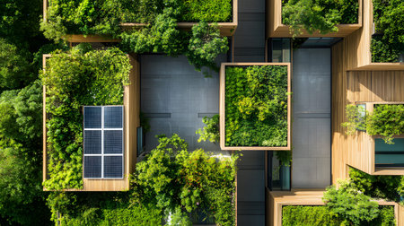 Eco-friendly architecture background with sustainable design elements. Great for green architecture, energy-efficient buildings, and smart cities.の写真素材