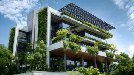 Eco-friendly architecture background with sustainable design elements. Great for green architecture, energy-efficient buildings, and smart cities.の写真素材