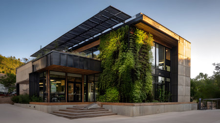 Eco-friendly architecture background with sustainable design elements. Great for green architecture, energy-efficient buildings, and smart cities.の写真素材