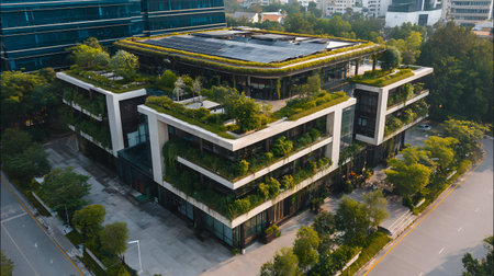 Eco-friendly architecture background with sustainable design elements. Great for green architecture, energy-efficient buildings, and smart cities.の写真素材