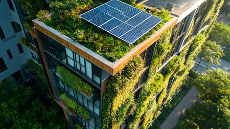 Eco-friendly architecture background with sustainable design elements. Great for green architecture, energy-efficient buildings, and smart cities.の写真素材