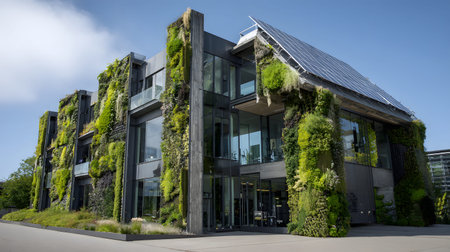 Eco-friendly architecture background with sustainable design elements. Great for green architecture, energy-efficient buildings, and smart cities.の写真素材