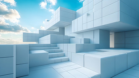 Modular architecture background with geometric block structures. Great for prefab concepts, innovation, and architectural portfolios.の写真素材