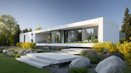 Concept house design with clean geometric style and modern landscaping. Ideal for architectural concept boards or futuristic housing projects.の写真素材