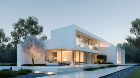 Concept house design with clean geometric style and modern landscaping. Ideal for architectural concept boards or futuristic housing projects.の写真素材