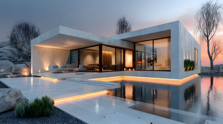 Concept house design with clean geometric style and modern landscaping. Ideal for architectural...
