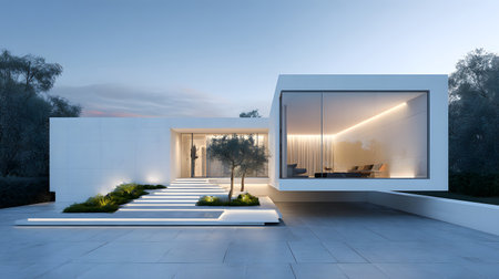 Concept house design with clean geometric style and modern landscaping. Ideal for architectural concept boards or futuristic housing projects.の写真素材