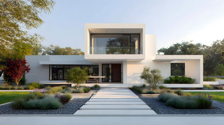Concept house design with clean geometric style and modern landscaping. Ideal for architectural...