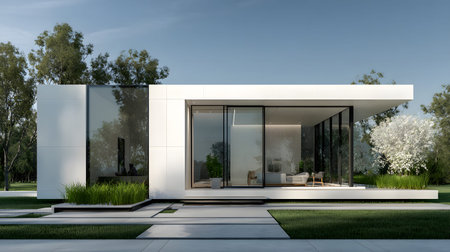 Concept house design with clean geometric style and modern landscaping. Ideal for architectural...