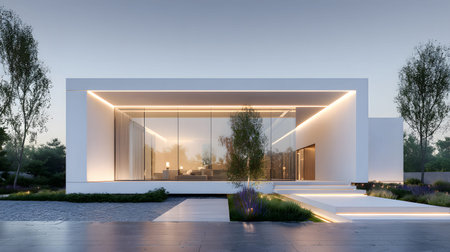 Concept house design with clean geometric style and modern landscaping. Ideal for architectural...