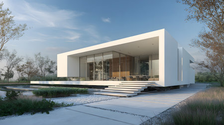 Concept house design with clean geometric style and modern landscaping. Ideal for architectural concept boards or futuristic housing projects.の写真素材