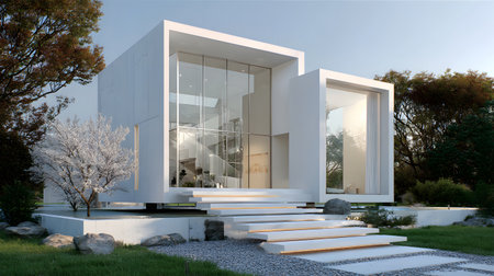 Concept house design with clean geometric style and modern landscaping. Ideal for architectural concept boards or futuristic housing projects.の写真素材