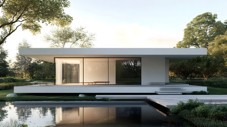 Concept house design with clean geometric style and modern landscaping. Ideal for architectural concept boards or futuristic housing projects.の写真素材