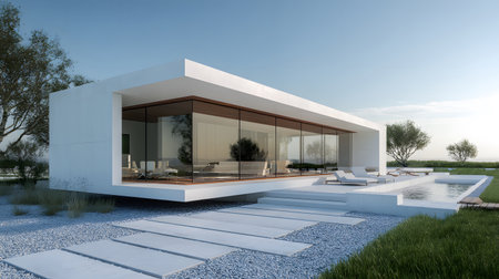 Concept house design with clean geometric style and modern landscaping. Ideal for architectural concept boards or futuristic housing projects.の写真素材