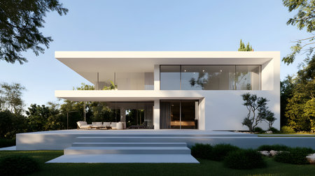 Concept house design with clean geometric style and modern landscaping. Ideal for architectural concept boards or futuristic housing projects.の写真素材