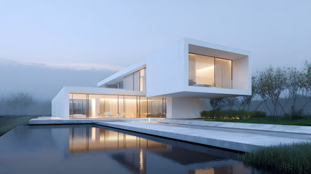 Concept house design with clean geometric style and modern landscaping. Ideal for architectural concept boards or futuristic housing projects.の写真素材