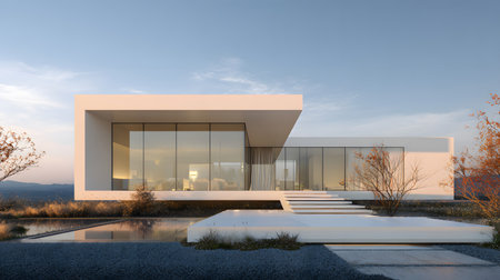 Concept house design with clean geometric style and modern landscaping. Ideal for architectural concept boards or futuristic housing projects.の写真素材