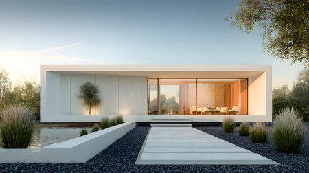 Concept house design with clean geometric style and modern landscaping. Ideal for architectural concept boards or futuristic housing projects.の写真素材