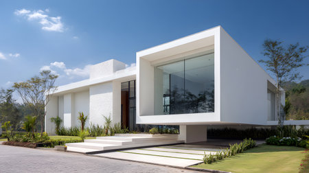 Concept house design with clean geometric style and modern landscaping. Ideal for architectural concept boards or futuristic housing projects.の写真素材