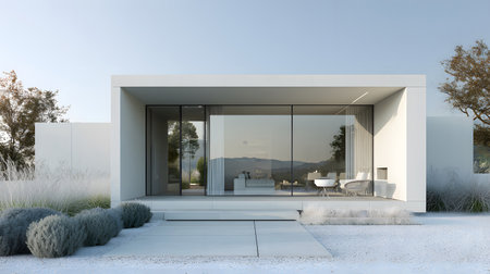 Concept house design with clean geometric style and modern landscaping. Ideal for architectural concept boards or futuristic housing projects.の写真素材