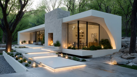 Concept house design with clean geometric style and modern landscaping. Ideal for architectural concept boards or futuristic housing projects.の写真素材