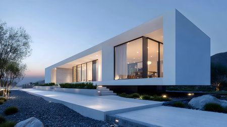 Concept house design with clean geometric style and modern landscaping. Ideal for architectural concept boards or futuristic housing projects.の写真素材