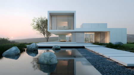 Concept house design with clean geometric style and modern landscaping. Ideal for architectural concept boards or futuristic housing projects.の写真素材