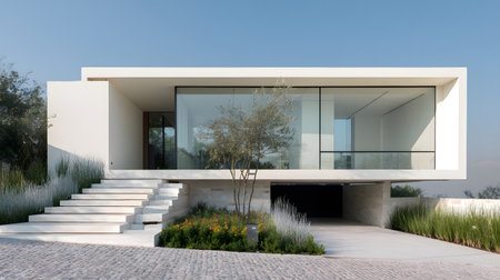 Concept house design with clean geometric style and modern landscaping. Ideal for architectural concept boards or futuristic housing projects.の写真素材