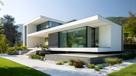 Concept house design with clean geometric style and modern landscaping. Ideal for architectural concept boards or futuristic housing projects.の写真素材