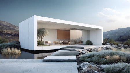 Concept house design with clean geometric style and modern landscaping. Ideal for architectural concept boards or futuristic housing projects.の写真素材