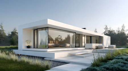 Concept house design with clean geometric style and modern landscaping. Ideal for architectural concept boards or futuristic housing projects.の写真素材