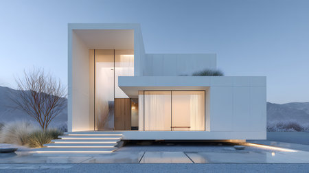 Concept house design with clean geometric style and modern landscaping. Ideal for architectural concept boards or futuristic housing projects.の写真素材