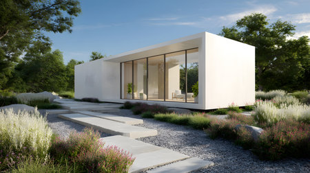 Concept house design with clean geometric style and modern landscaping. Ideal for architectural concept boards or futuristic housing projects.の写真素材