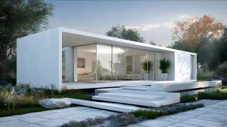 Concept house design with clean geometric style and modern landscaping. Ideal for architectural concept boards or futuristic housing projects.の写真素材