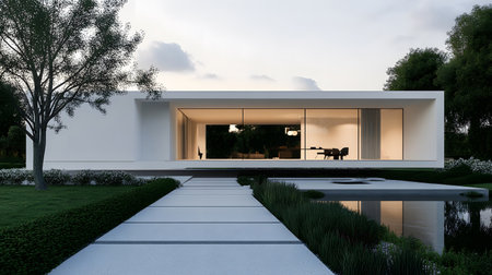 Concept house design with clean geometric style and modern landscaping. Ideal for architectural concept boards or futuristic housing projects.の写真素材