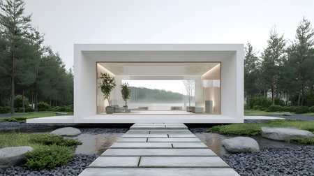 Concept house design with clean geometric style and modern landscaping. Ideal for architectural concept boards or futuristic housing projects.の写真素材